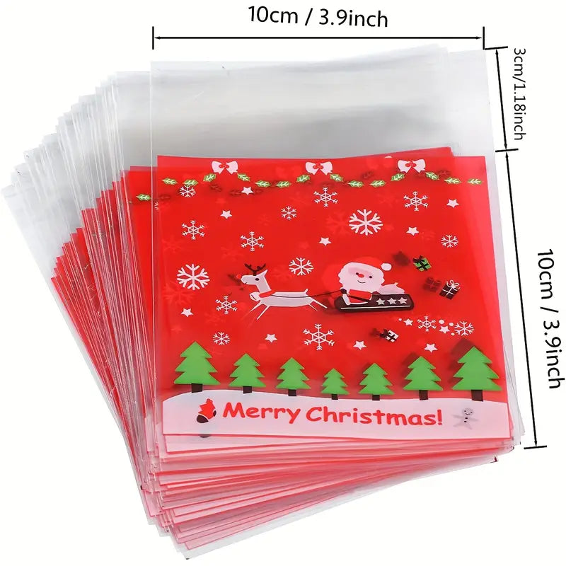 100Pcs Christmas Santa Claus self adhesive clear cookies bag