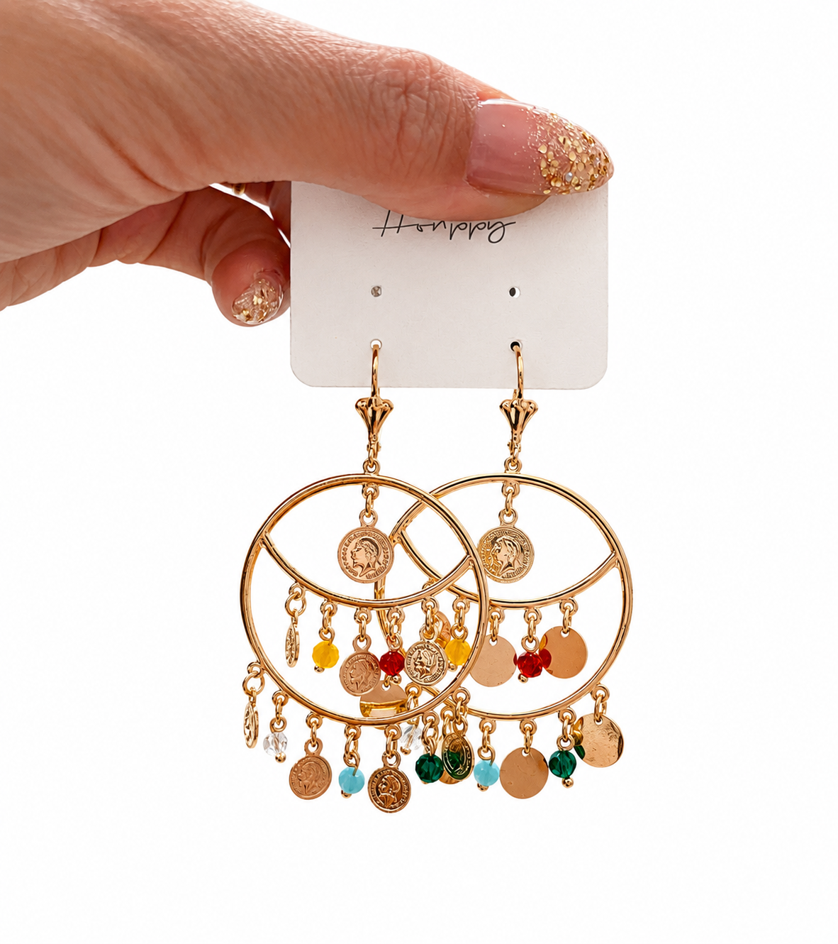 Boho Gold Coin & Bead Statement Hoop Earrings