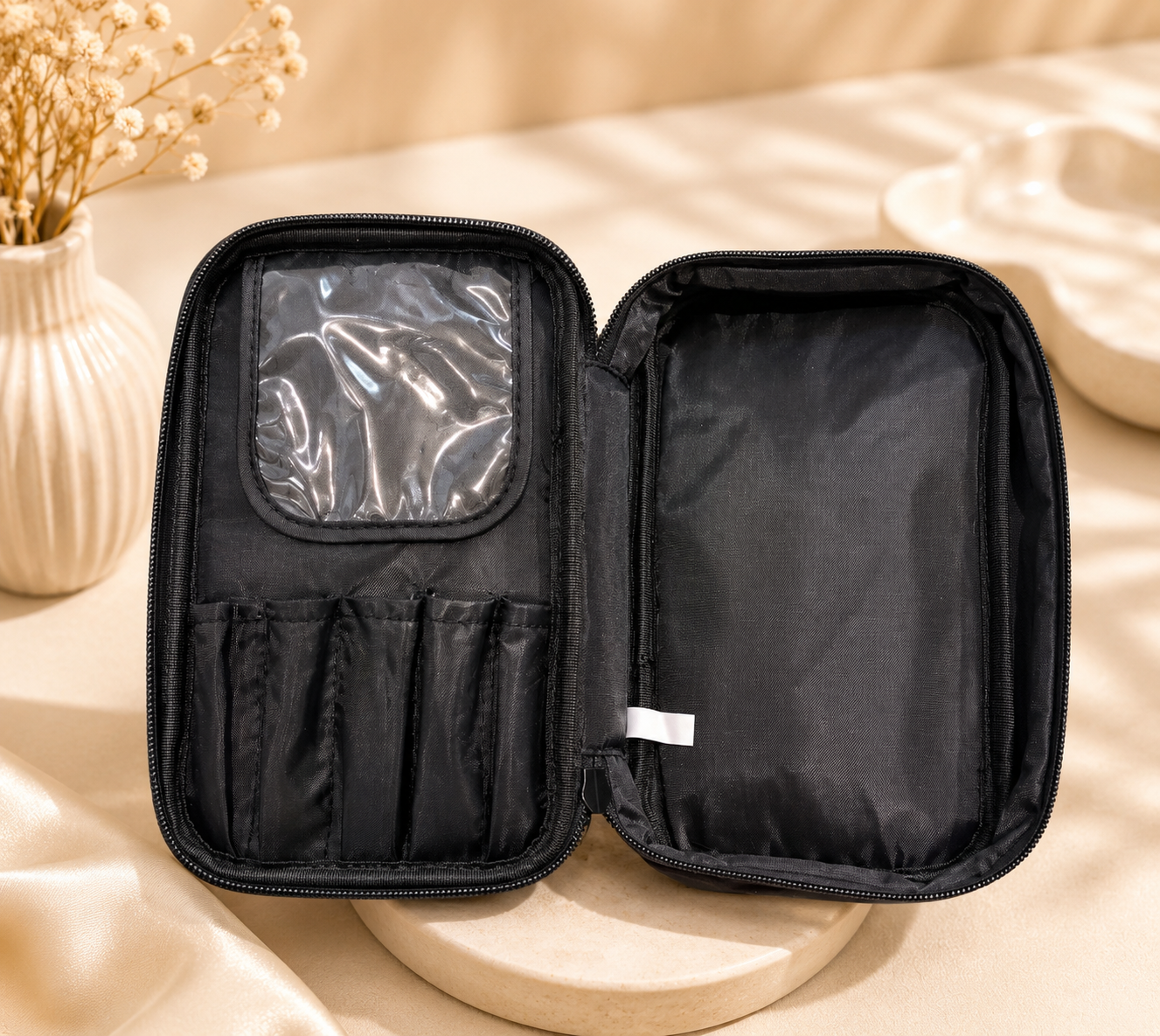 Travel Makeup Pouch with Brush Organizer – Black