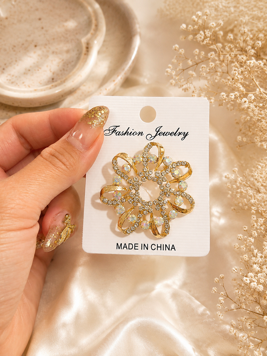 Luxury Crystal Flower Brooch Pin – Gold Tone Rhinestone Floral Brooch for Dresses, Blazers & Scarves