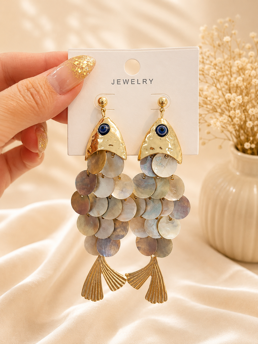 Evil Eye Gold Fish Drop Earrings – Statement Shell Disc Earrings     Hurry! Limited Pieces Available