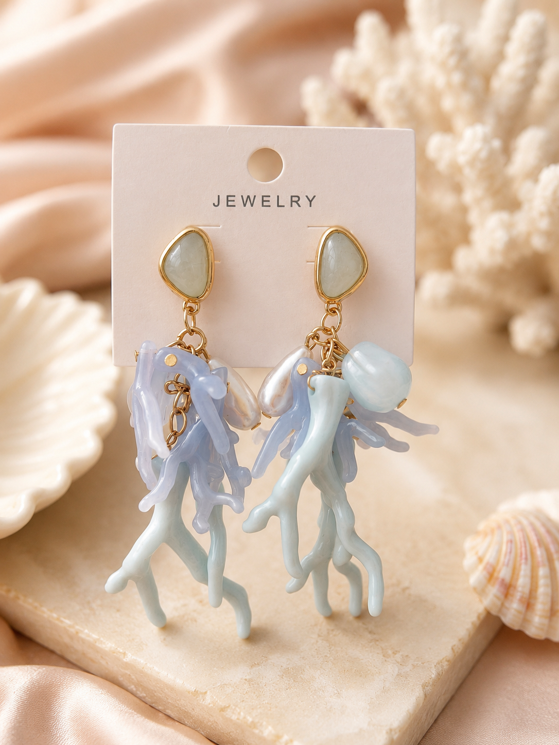 Ocean Coral Drop Statement Earrings – Light Blue & Gold Coastal Earrings