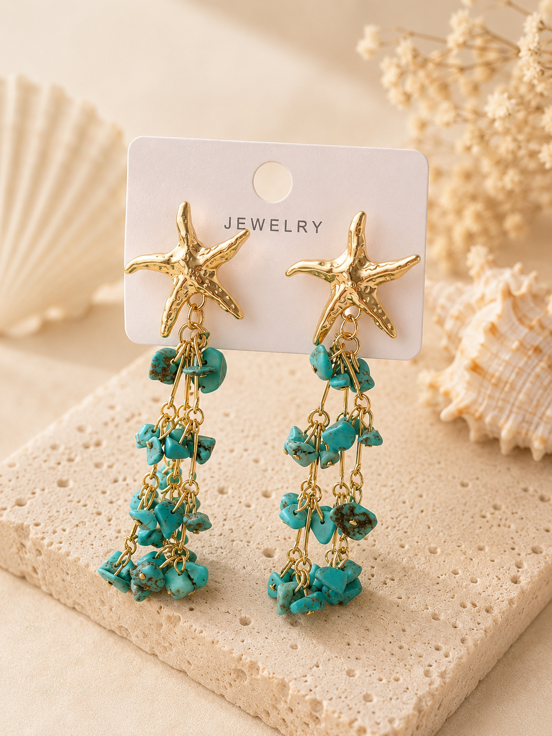 Starfish & White Stone Tassel Drop Earrings – Coastal Gold Statement Earrings