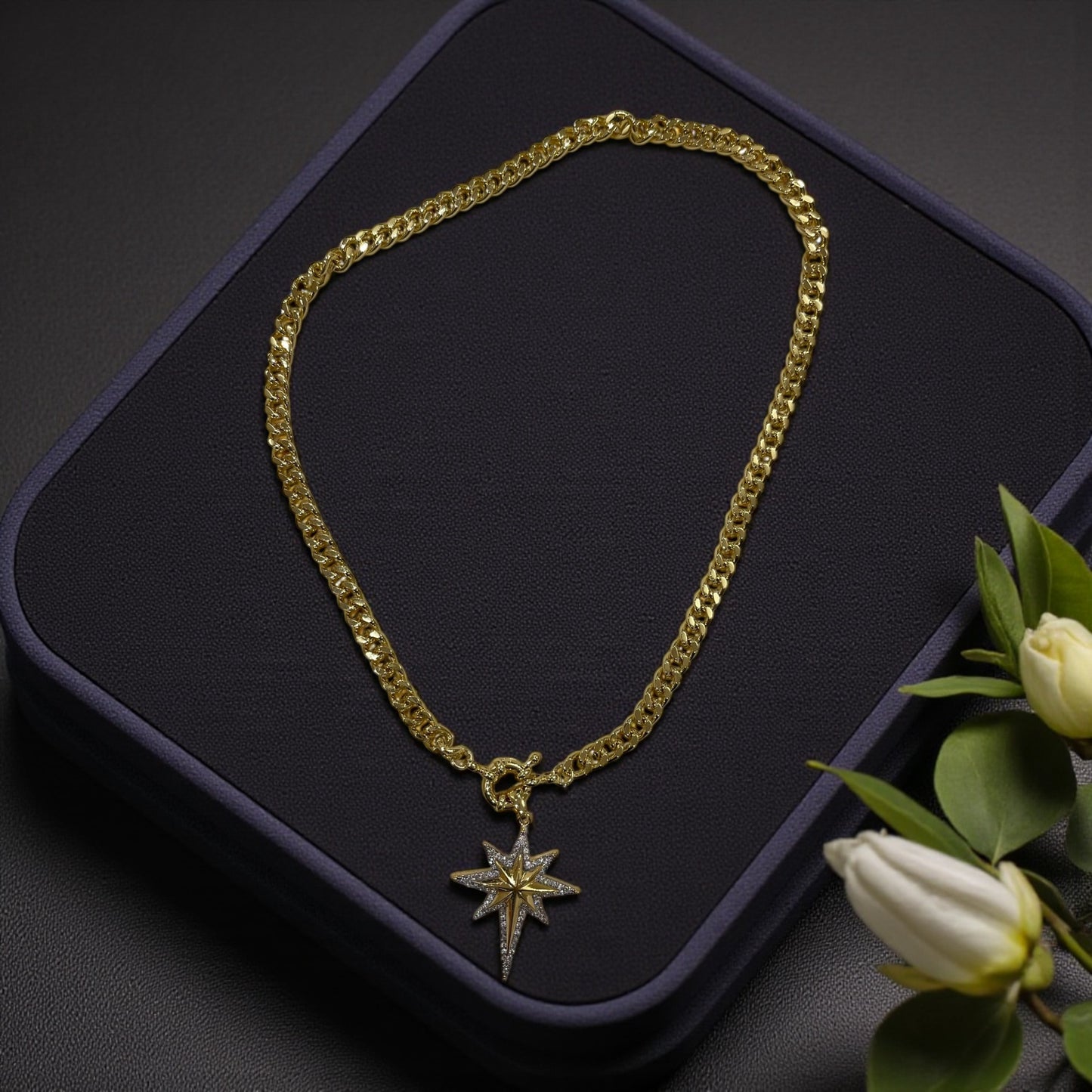 Gold Star Pendant Necklace with Cuban Link Chain