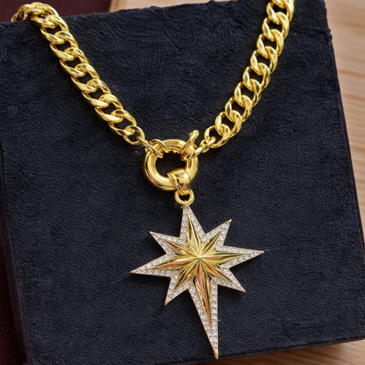 Gold Star Pendant Necklace with Cuban Link Chain