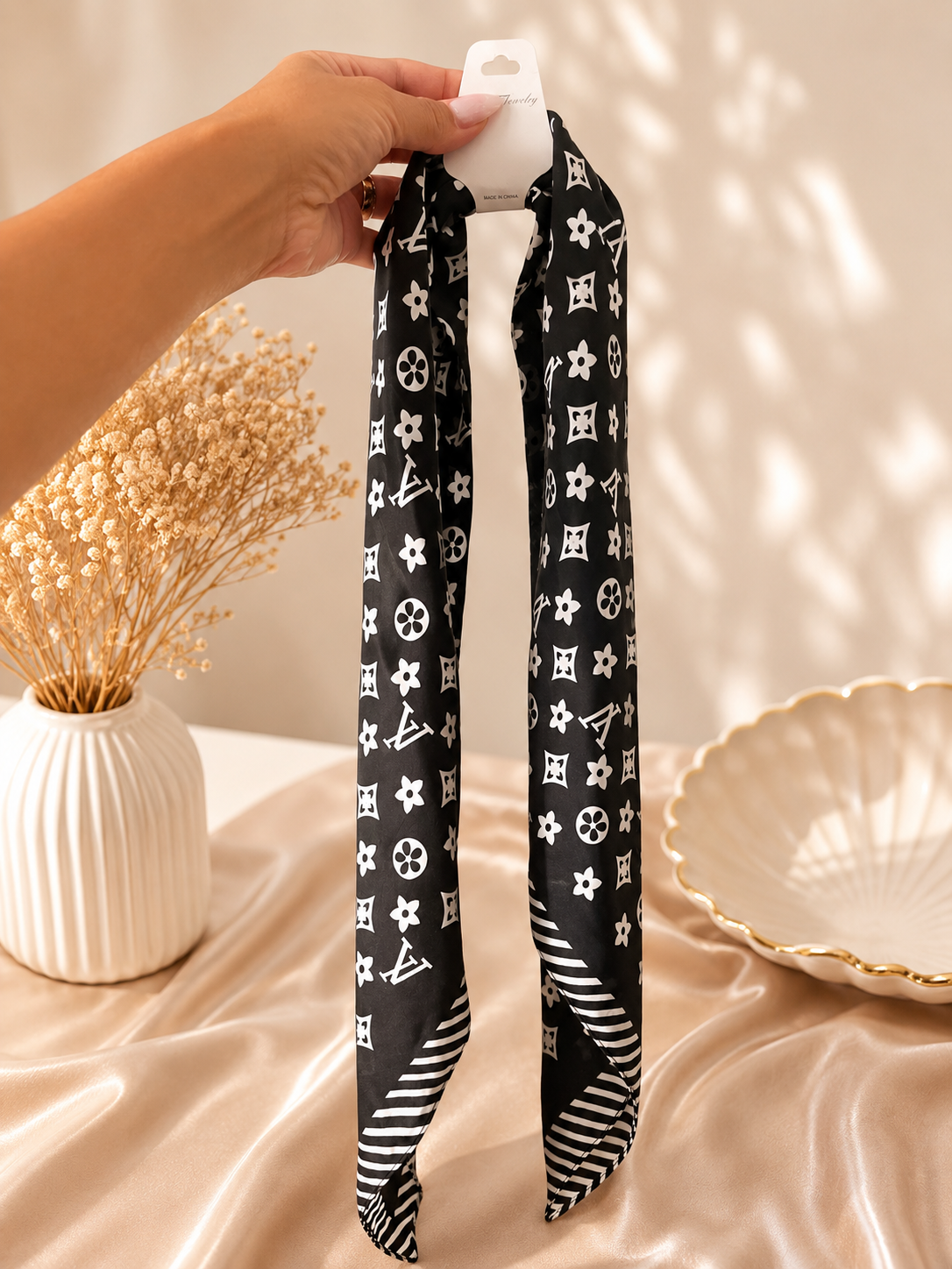 Elegant Monogram Silk Scarf – Fashion Neck, Hair & Bag Scarf for Women