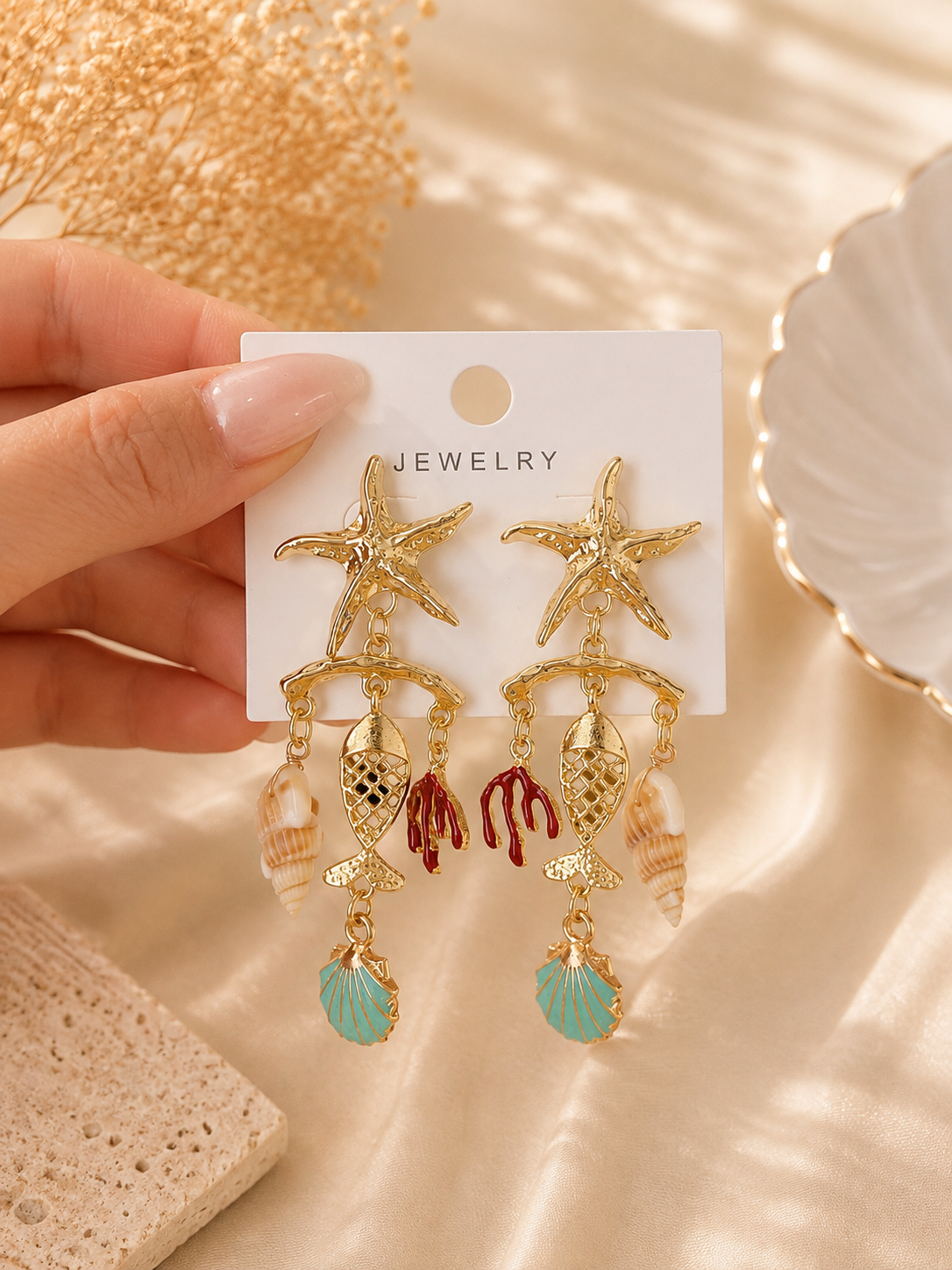 Ocean Charm Starfish & Shell Statement Earrings – Gold Tone