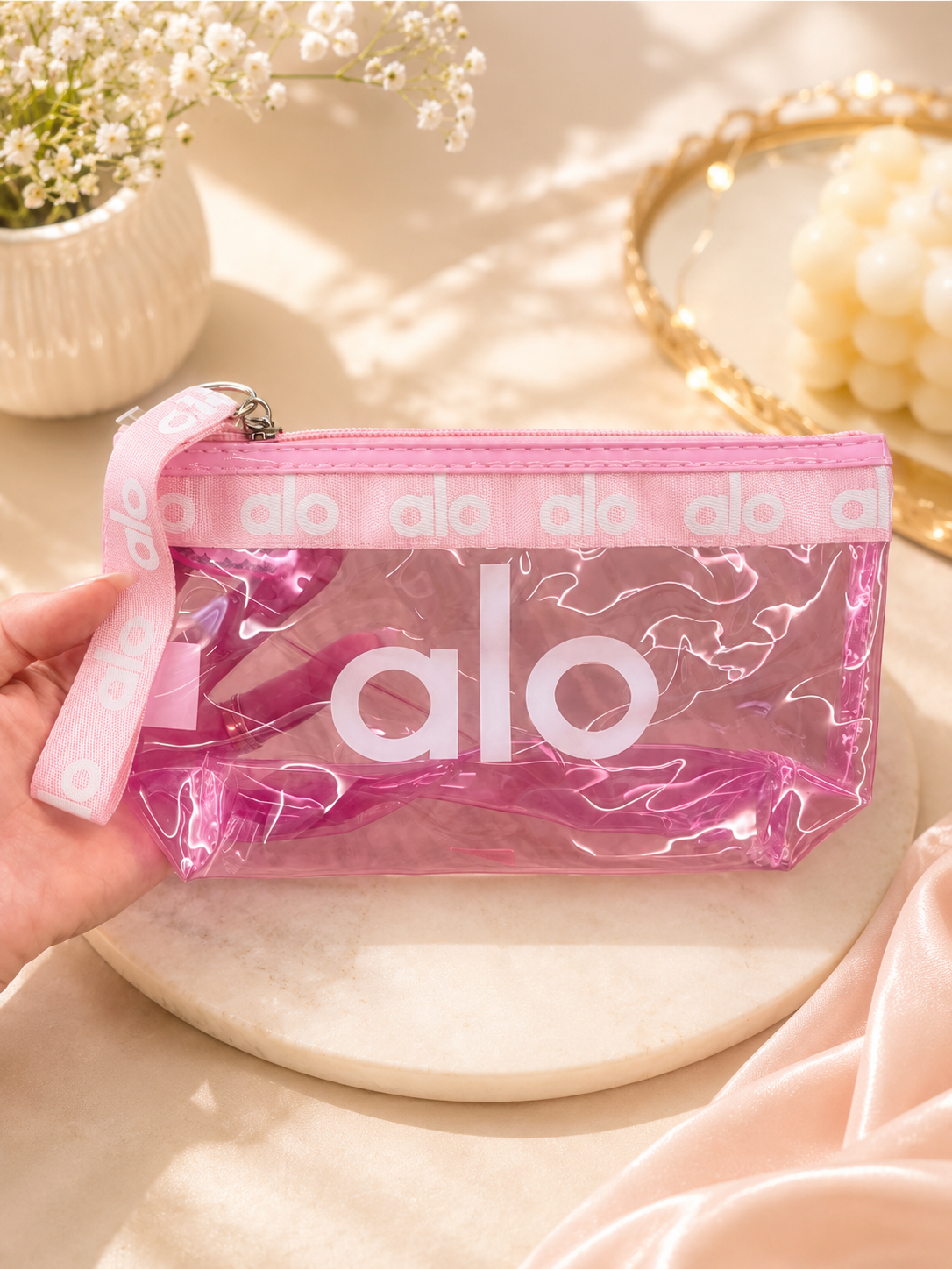 ALO Transparent PVC Makeup Pouch with Wrist Strap – Waterproof Cosmetic Bag