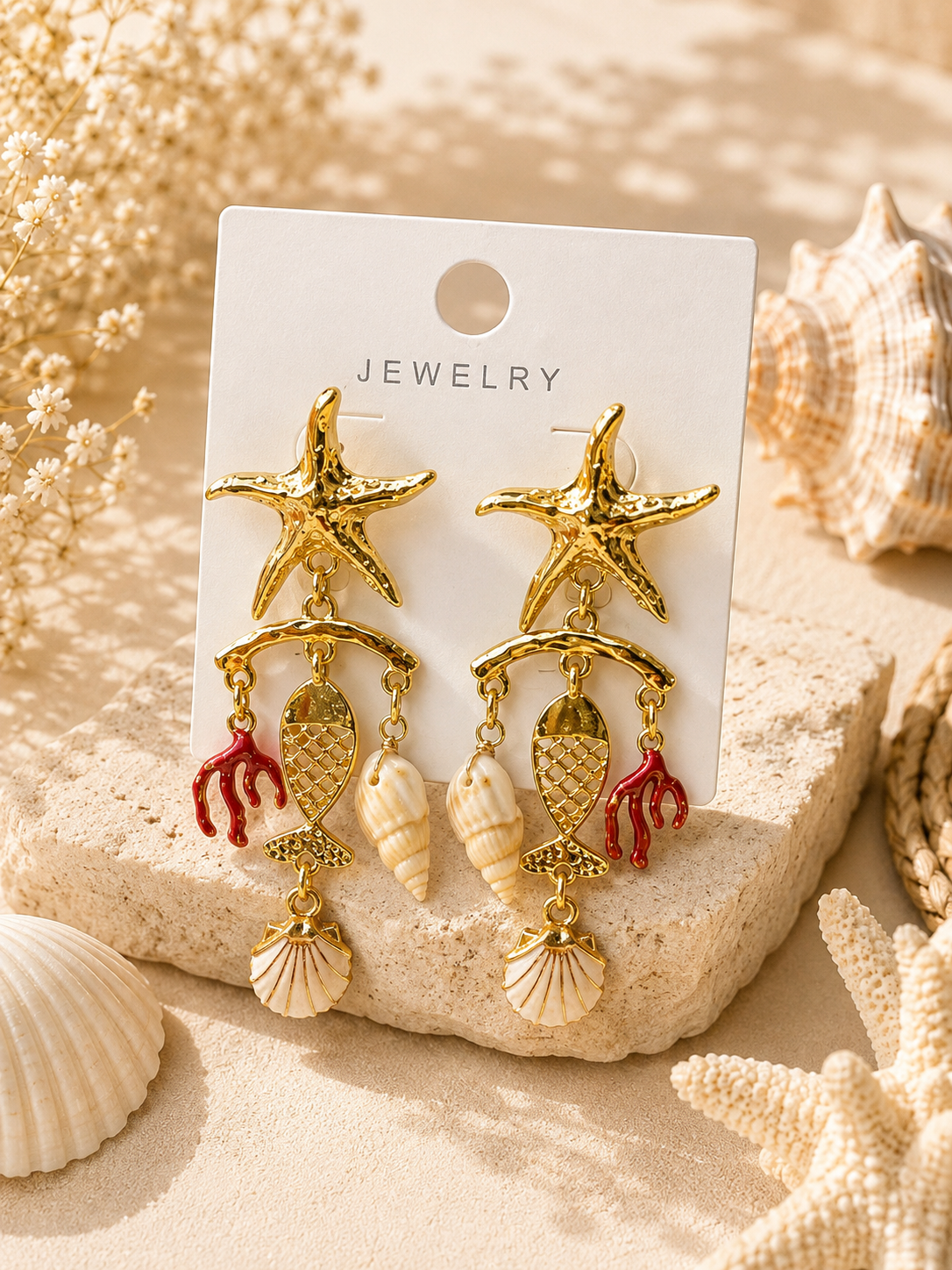 Ocean Charm Starfish & Shell Statement Earrings – Gold Tone