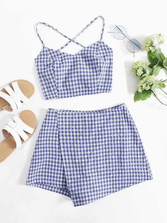 SHEIN Lace Up Backless Plaid Cami Top & Skort Set - L